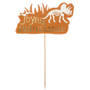 Cake topper dinosaure joyeux anniv. camel blanc or 16x8.7cm sur pic 15cm recto verso