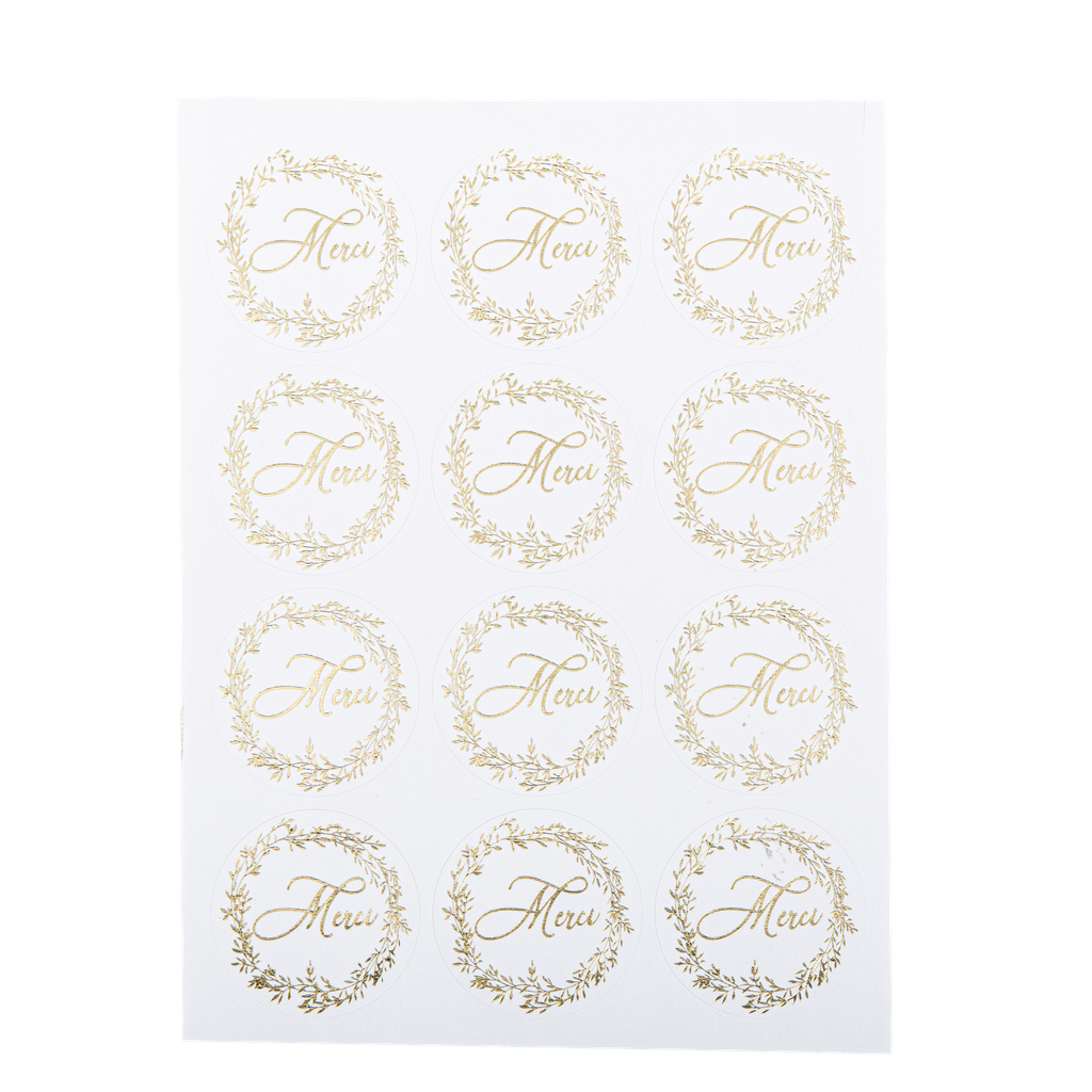 24 stickers merci jolis brins blancs et or 5 cm