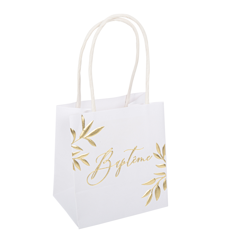 6 sacs cadeaux baptême jolis brins blancs et or 10 x 11 x 7 cm + anses blanches