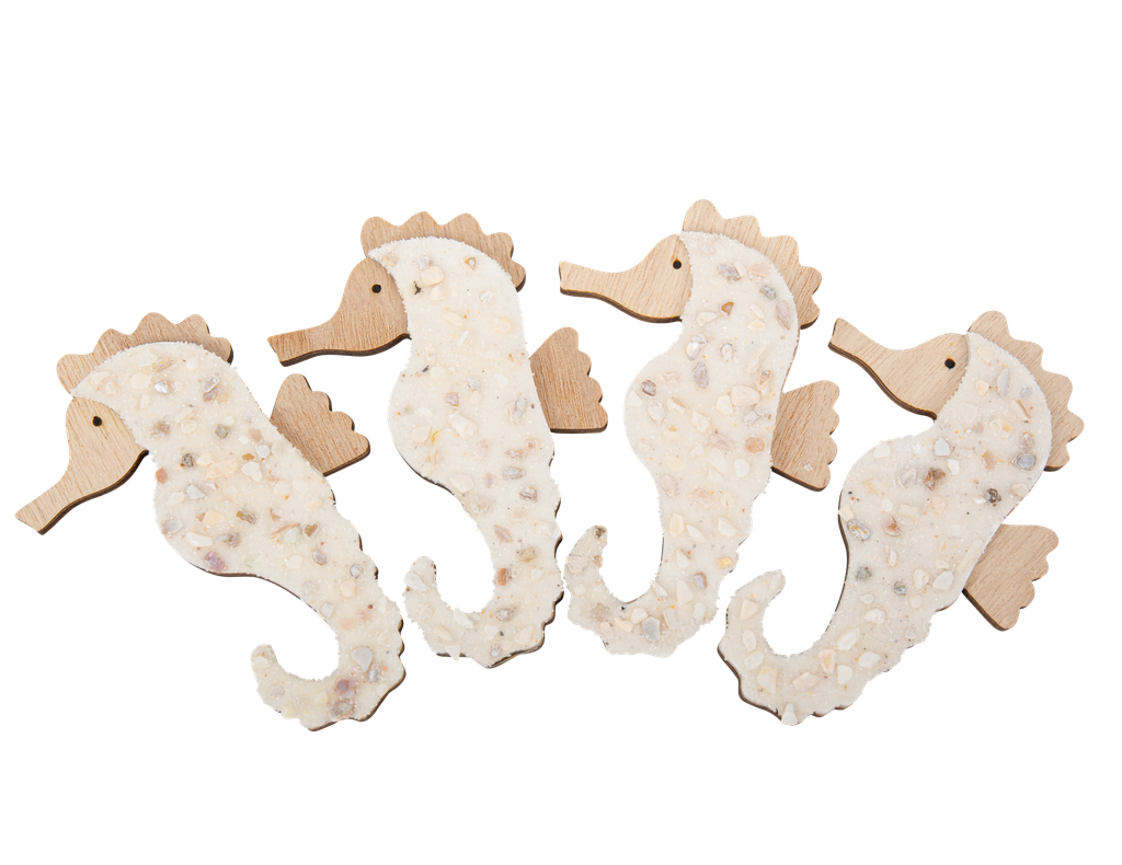 4 deco hippocampes bois coquillages et sable irises 12 x 8 cm