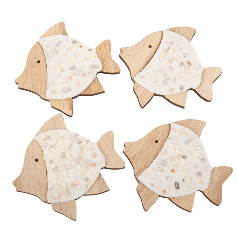 4 deco poissons bois coquillages et sable irises 10.5 x 10.5 cm