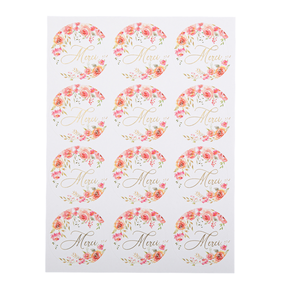 24 stickers merci romantique flowers blancs, dégradé de roses et or 5 cm