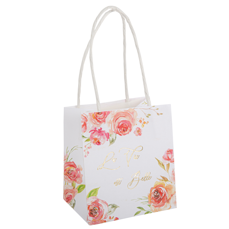 6 sacs cadeaux la vie est belle romantique flowers blancs, 10 x 11 x 7 cm + anses