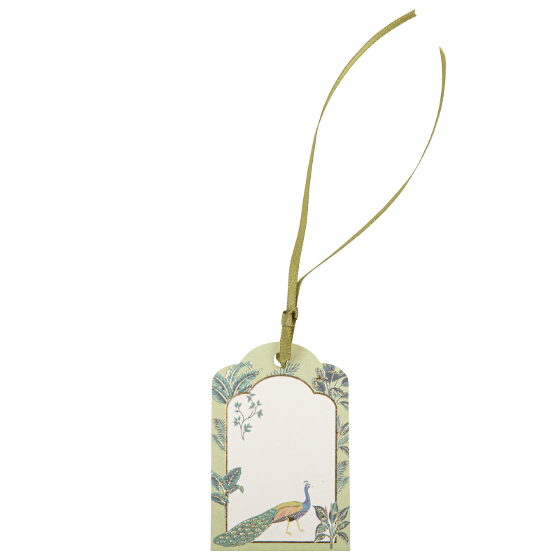 10 etiquettes tropical peacock dégradé de vert amande et or 6 x 4 cm + ruban