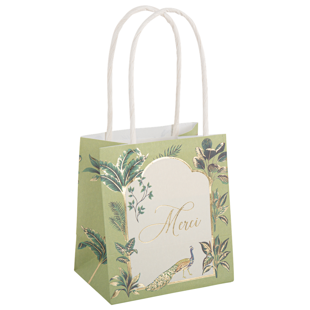6 sacs cadeaux merci tropical peacock dégradé de vert amande et or 10 x 11 x 7 cm + anses