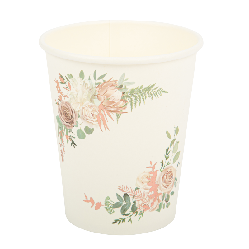 8 gobelets peony blancs, roses, végétal et rose gold 255ml