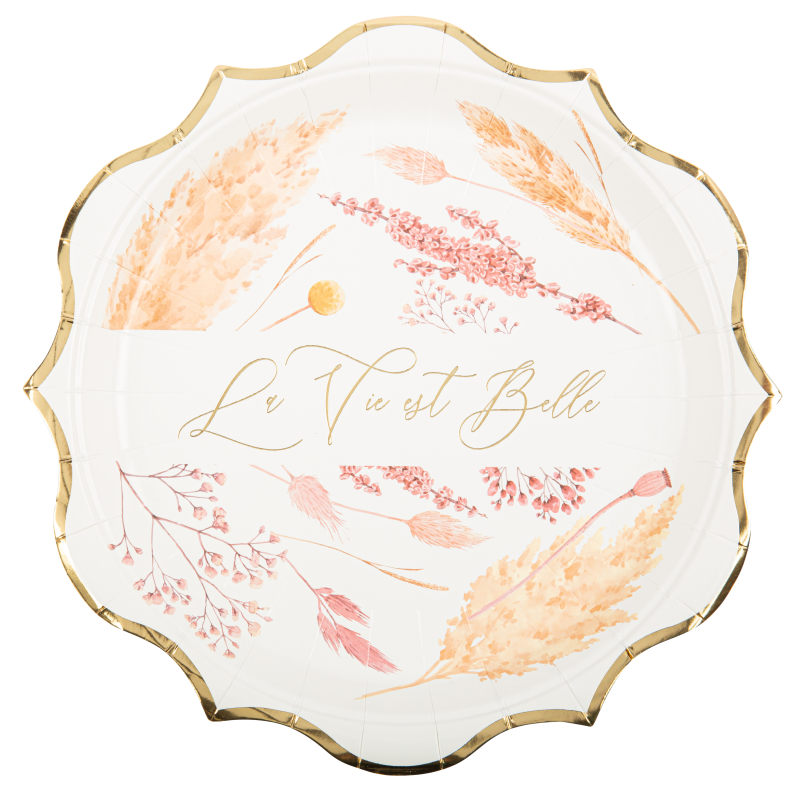 8 assiettes la vie est belle fleurs sauvages blanches, roses, beige et or 22.5cm