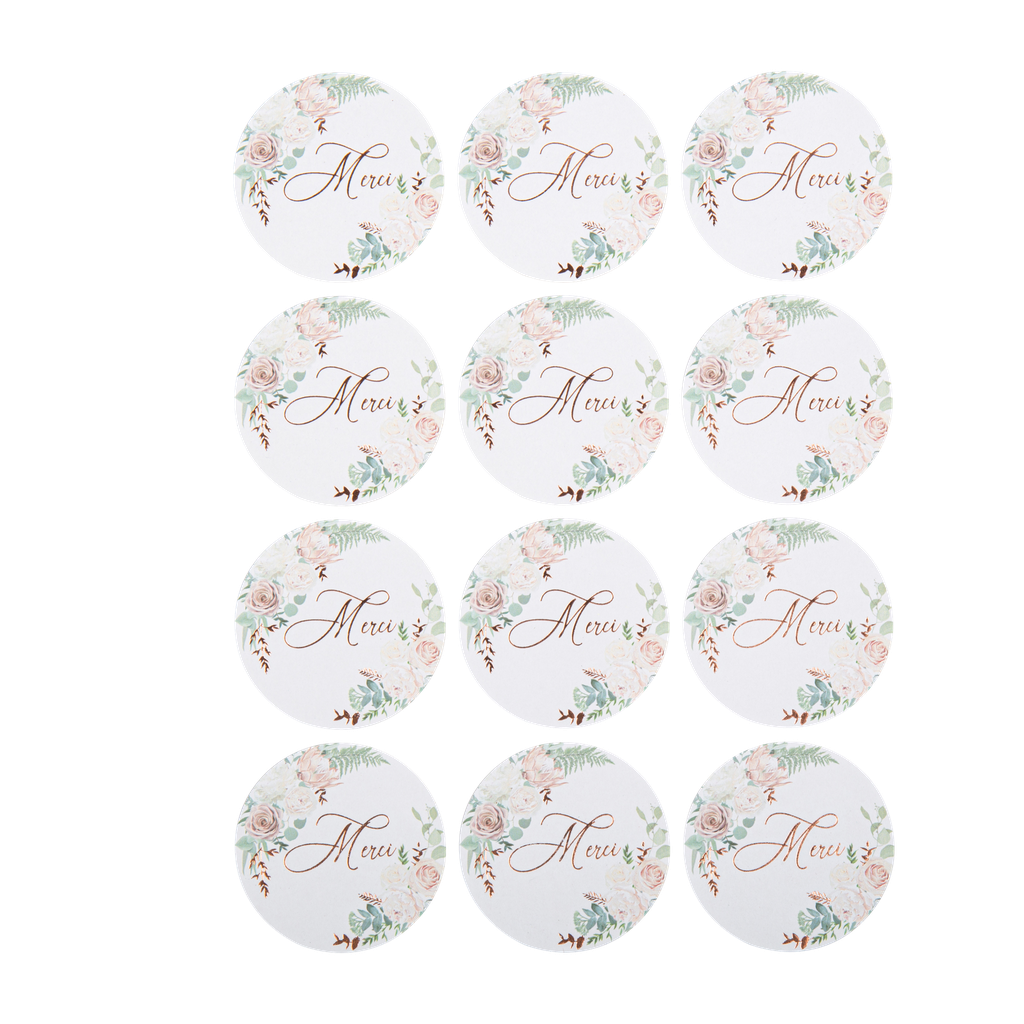 24 stickers merci peony rose gold e t végétal 5 cm