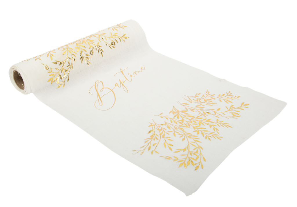 Chemin de table "baptême" liseré végétal or mousseline blanche 28cmx5m