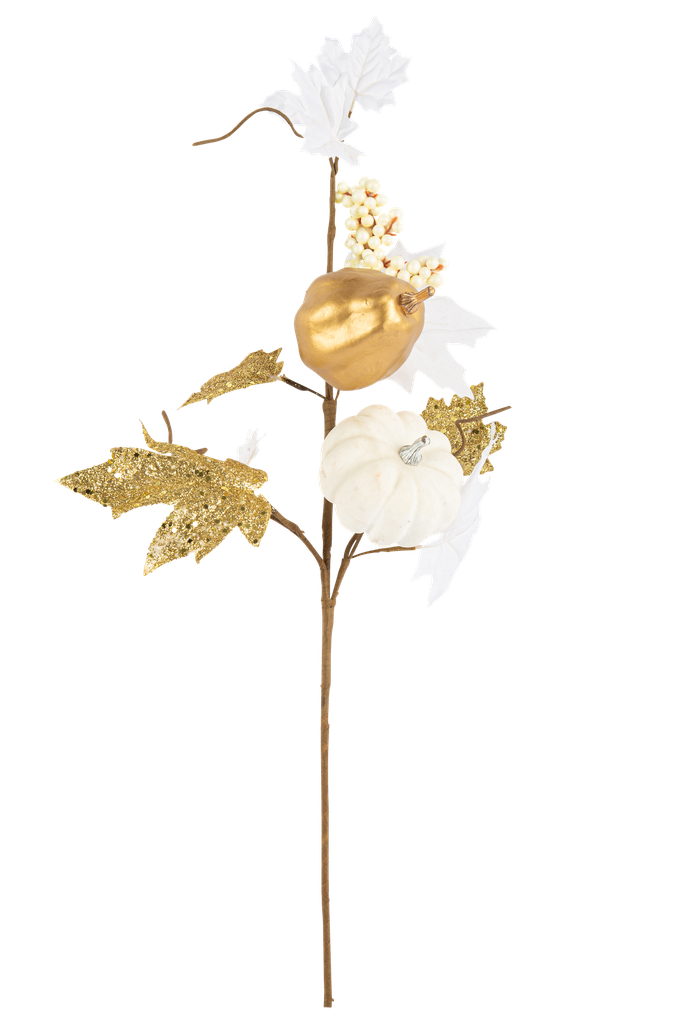 Branche pure avec citrouilles blanc , or mat et paillettes or 55cm