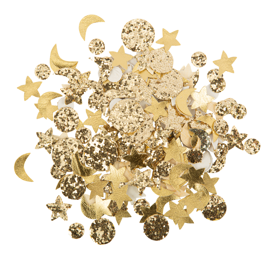 Confettis étoiles et lunes effet cuir et paillettes or de 1 à 2cm