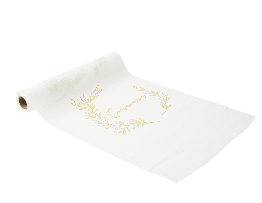 Cdt communion mousseline blanche lisere vegetal or 28cm x 5m