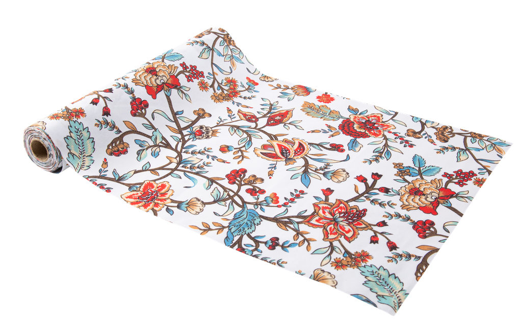 Chemin de table  suzy fleuris  tissu blanc imprimée  corail 