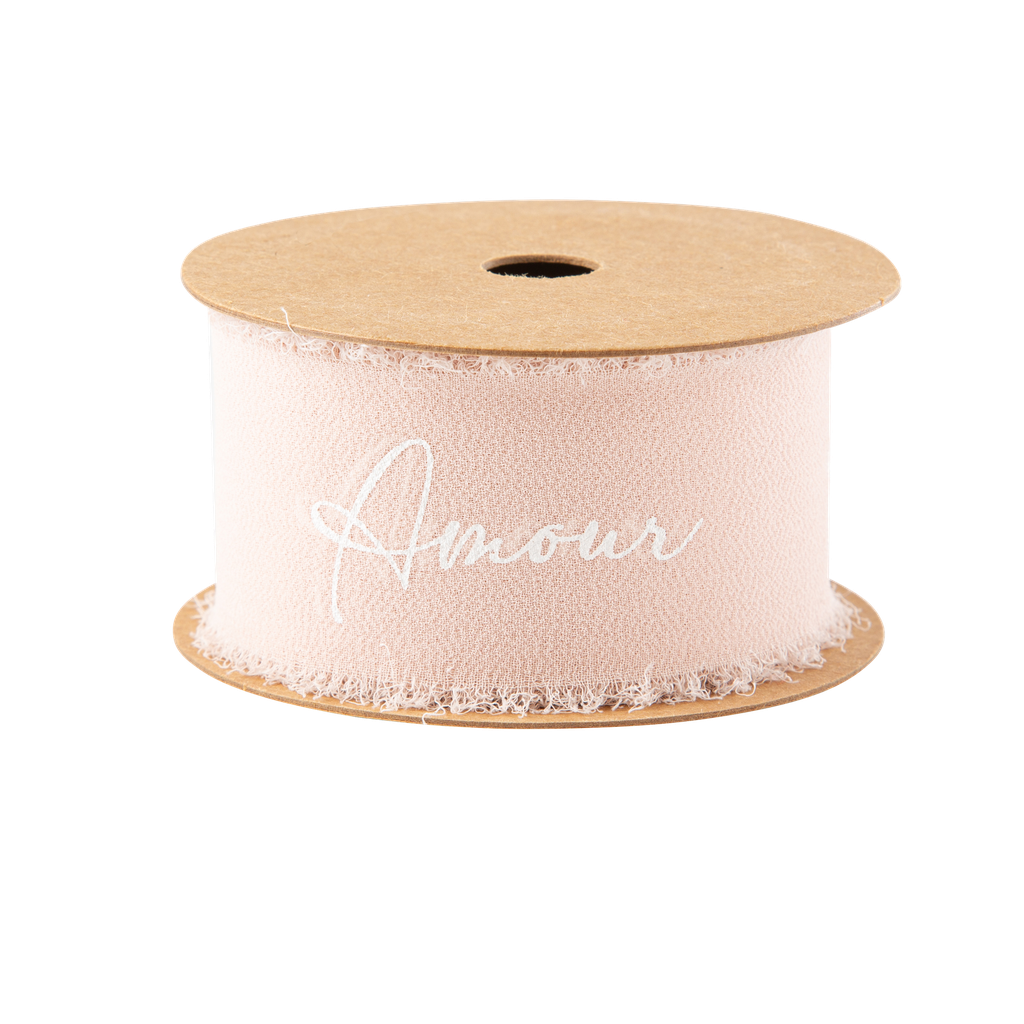 Ruban effiloche amour mousseline de soie blush et blanc 4cm x 3m