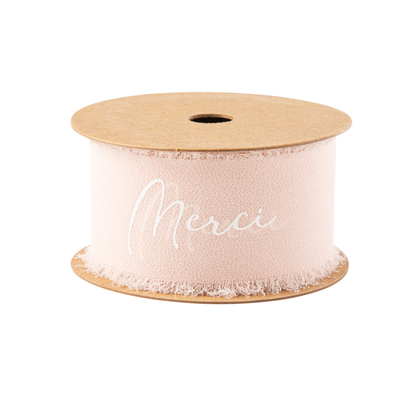 Ruban effiloche merci mousseline de soie blush et blanc 4cm x 3m