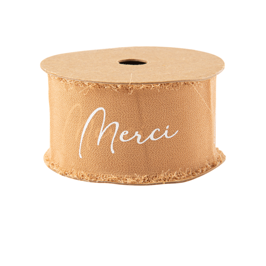 Ruban effiloche merci mousseline de soie camel et blanc 4cm x 3m