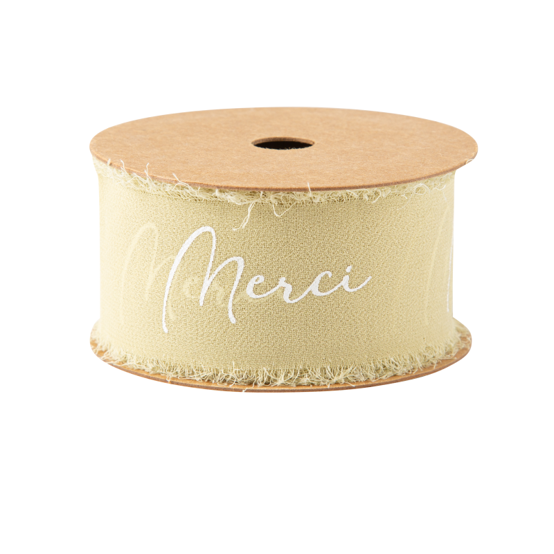 Ruban effiloche merci mousseline de soie sauge green et blanc 4cm x 3m
