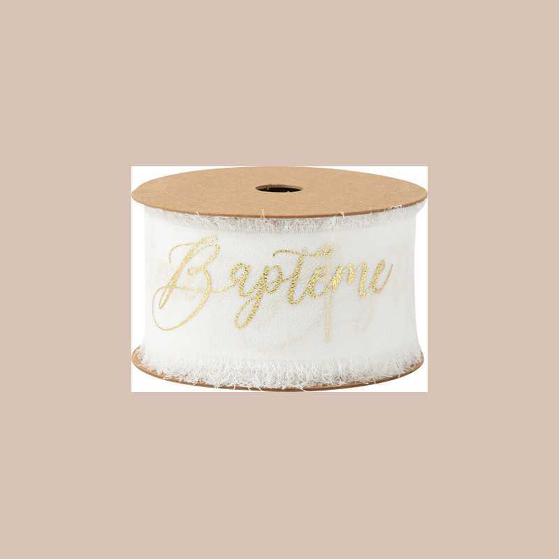 Ruban bapteme et croix satin blanc et or 1.9cm x 10m