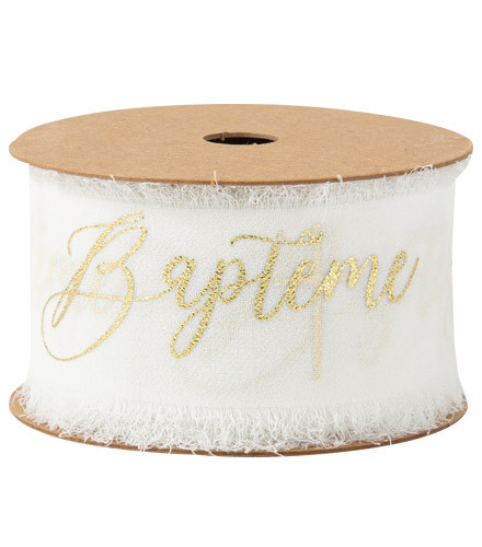 Ruban bapteme et croix satin blanc et or 1.9cm x 10m