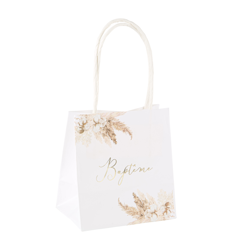 6 sacs cadeaux baptême pampas papier fleurs de coton et or 10x11x7cm avec anses blanc
