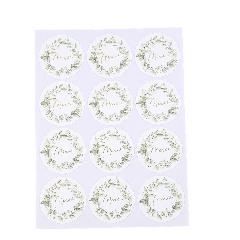 24 stickers merci botanique feuillages et or  5 cm