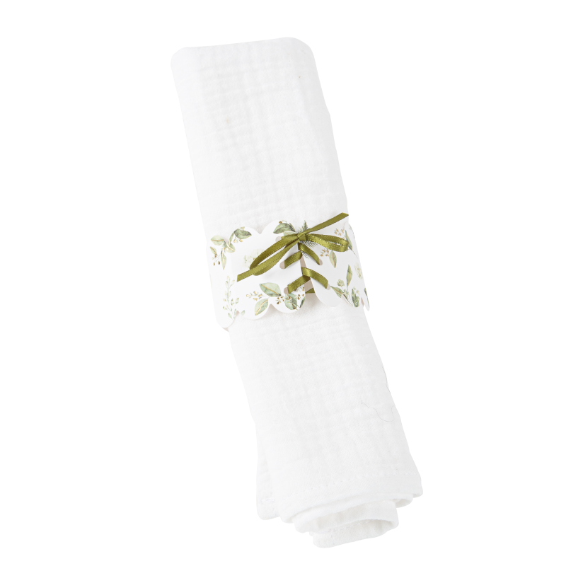 10 ronds de serviette botanique feuillages et or 16 x 4 cm et ruban satin sauge