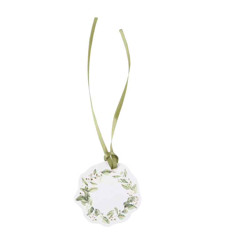 10 etiquettes botanique feuillages et or diam 5 cm et ruban satin sauge