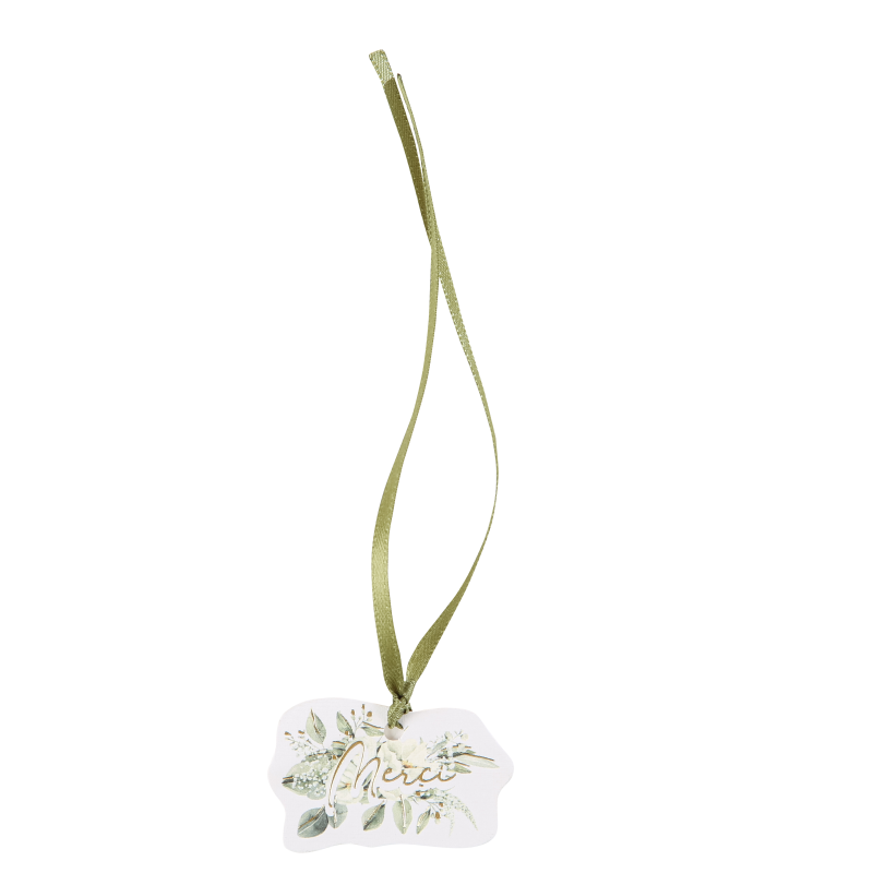 10 etiquettes merci botanique feuillages et or 4 x 2.5 cm et ruban satin sauge