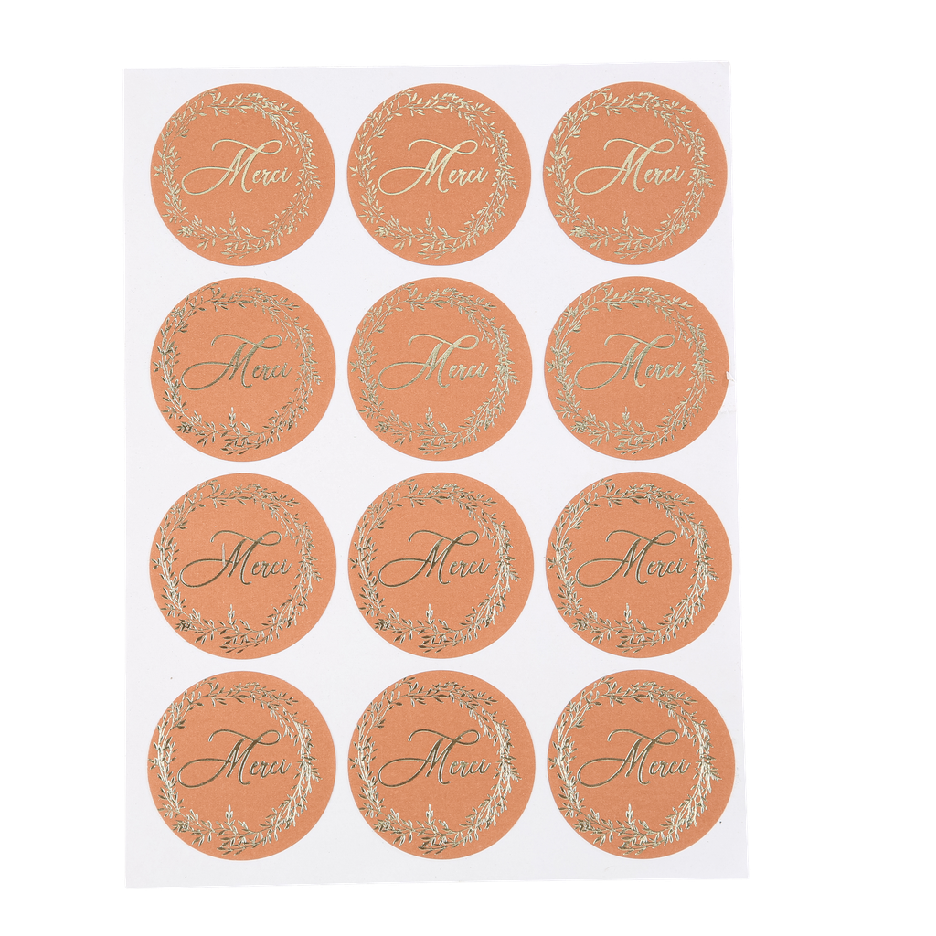 24 stickers merci terracotta et or diam 5 cm