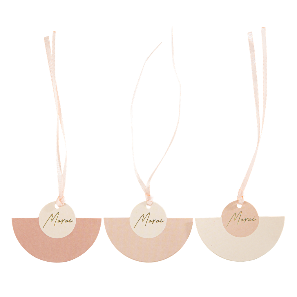 9 étiquettes merci curve nude, blush, terracotta et or 6 x 4 cm et ruban satin blush