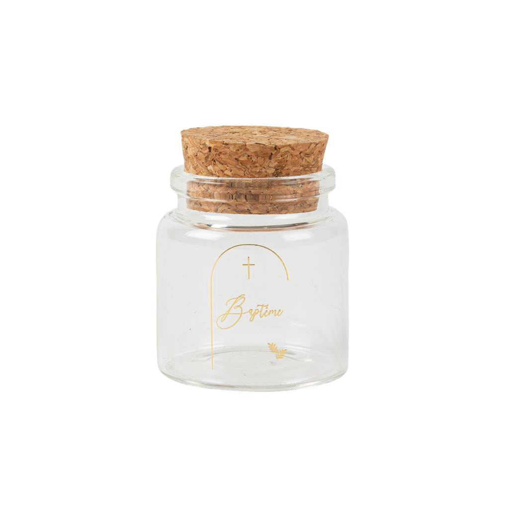 Fiole bapteme verre et or + bouchon liege diam 4,5 x 5,5 cm