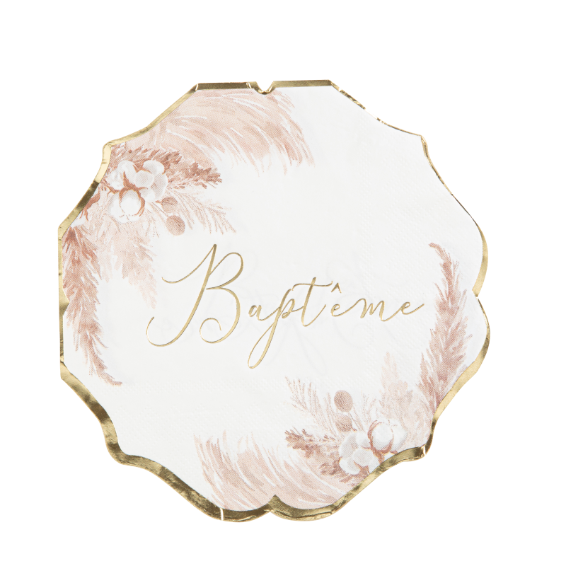16 serviettes "baptême" pampa papier fleurs de coton et or 32x32cm 3 plis