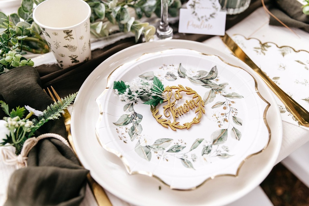 8 Assiettes Botanique Carton Feuillages et Or Ø23cm