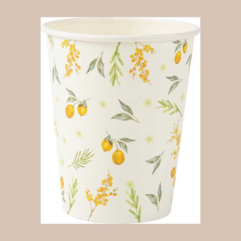8 gobelets mimosa citrons carton et feuillages 255ml