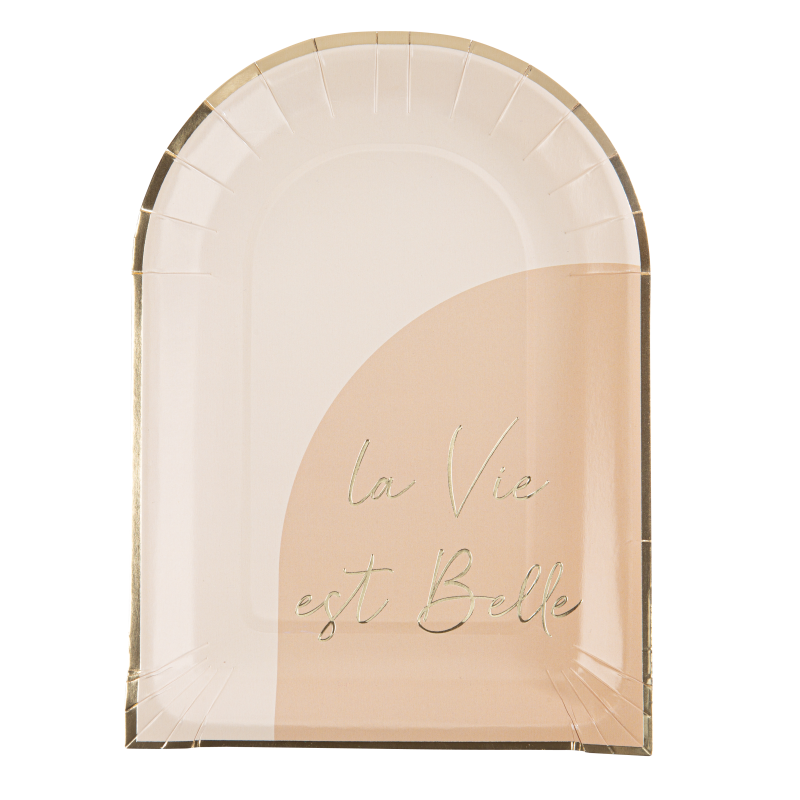 8 assiettes "la vie est belle" curve nude, blush et or 23,5 x 17 cm