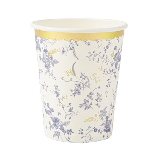 8 gobelets toile de jouy carton blanc bleu et or 255ml