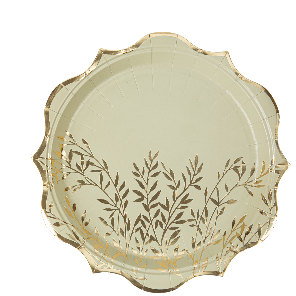 8 Assiettes Jolis Brins Carton Vert Sauge et Or 23cm