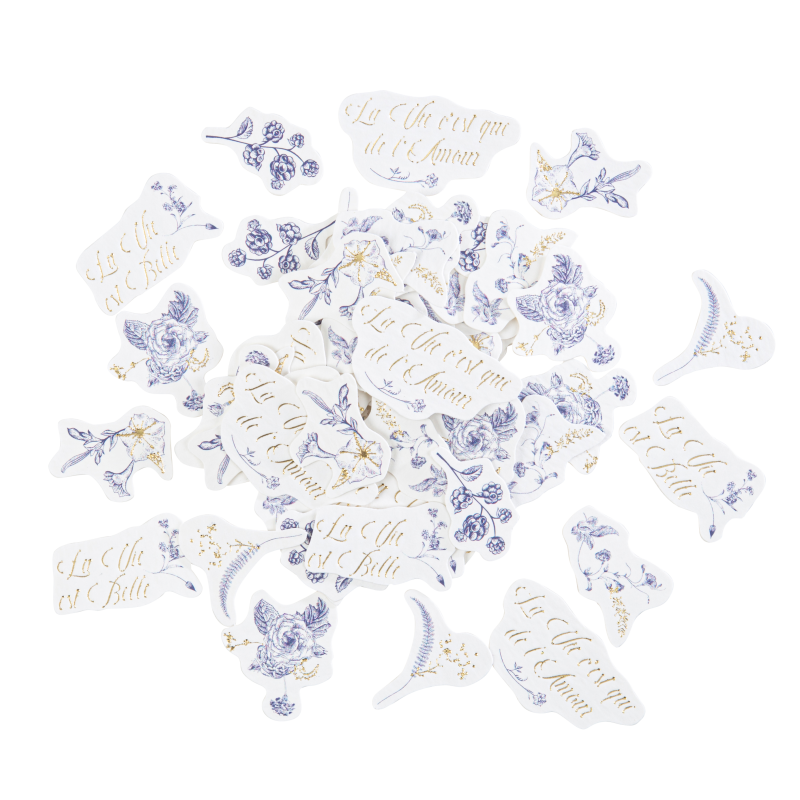 100 confettis toile de jouy blanc bleu et or de 2 a 4.3 cm