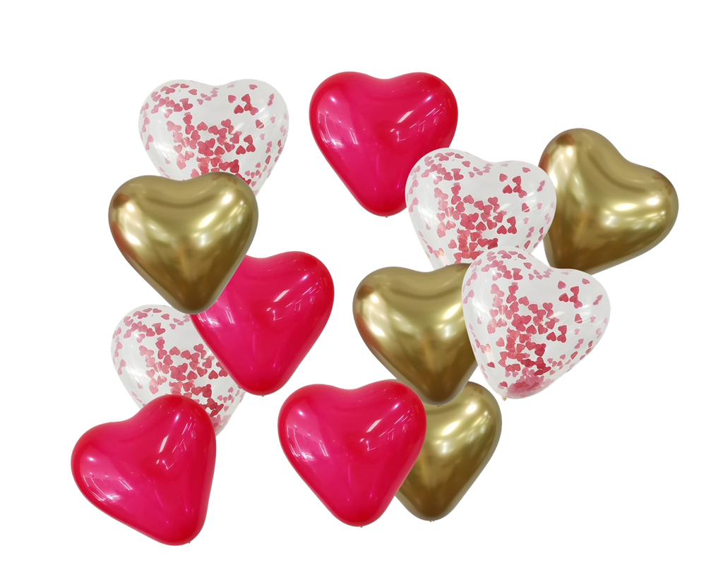 12 ballons cœurs rouges blancs or et transparents avec confettis cœurs rouges