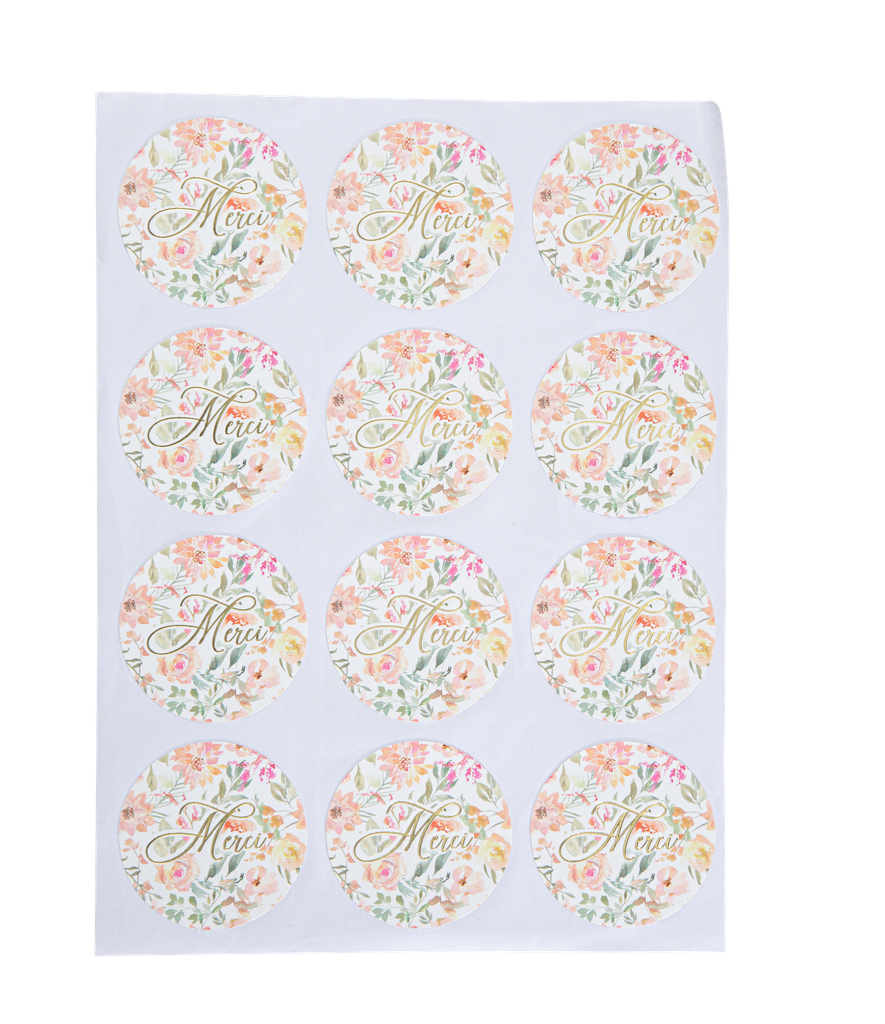 24 stickers merci dahlia blancs couleurs pastel et or diam 5 cm