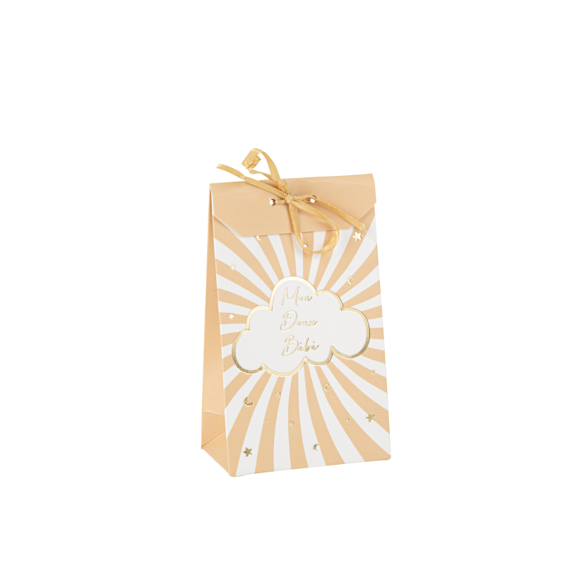 10 sachets "mon doux bébé" baby nude camel, blanc et or 7,5 x 12,5 cm avec ruban satin camel
