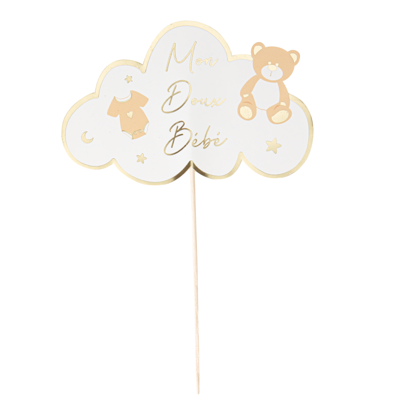 Cake topper "mon doux bébé" baby nude camel, blanc et or 16 x 24 cm recto / verso
