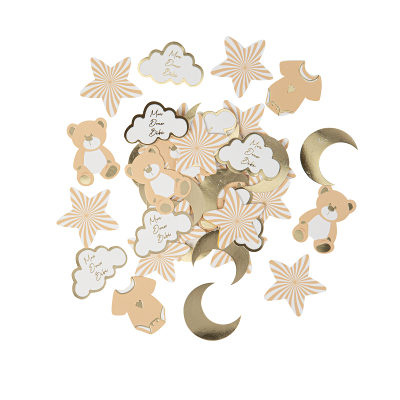 100 confettis "mon doux bébé" baby nude camel, blanc et or de 3 à 4 cm