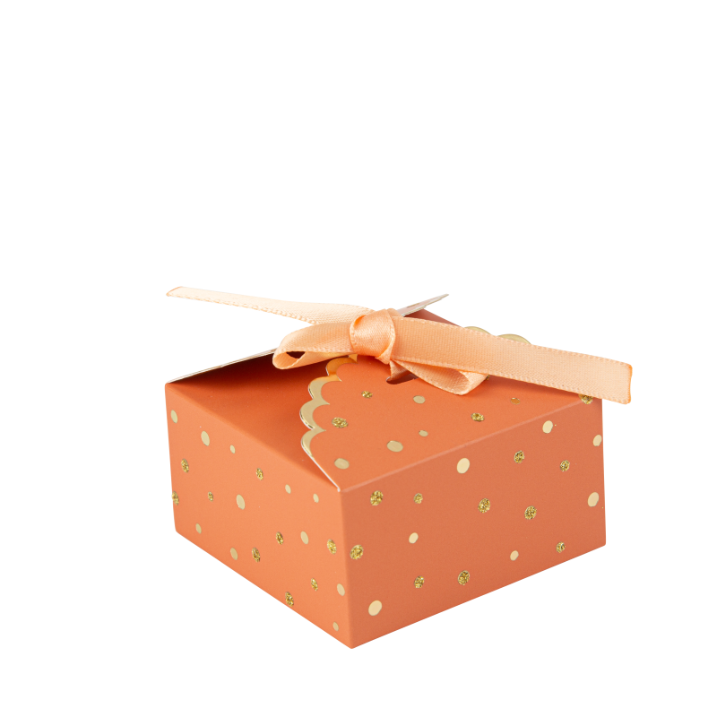 8 contenants festonnés jolis pois terracotta or et paillettes or 7 x 3,5cm avec ruban satin pêche