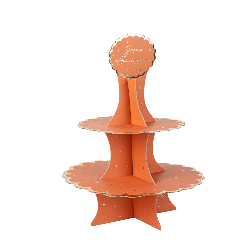 Présentoir "joyeux anniversaire" jolis pois carton terracotta or et paillettes or 36cm 2 étages