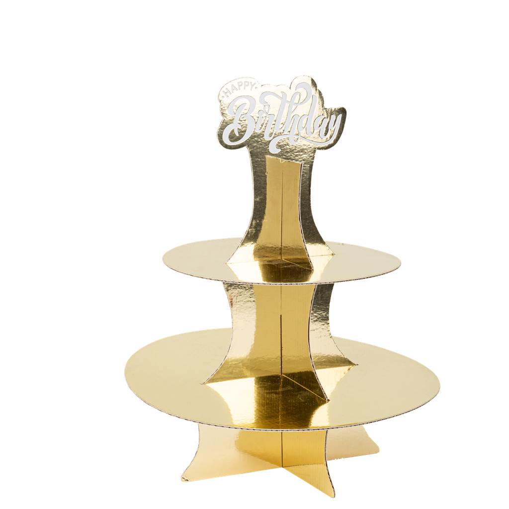 Présentoir "happy birthday" carton or et blanc carton carton 35cm 2 étages