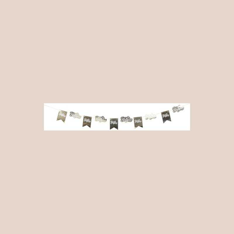 Guirlande "happy birthday" papier or et blanc 3m - 10 fanions de 12,5x18cm et 18x10,5cm
