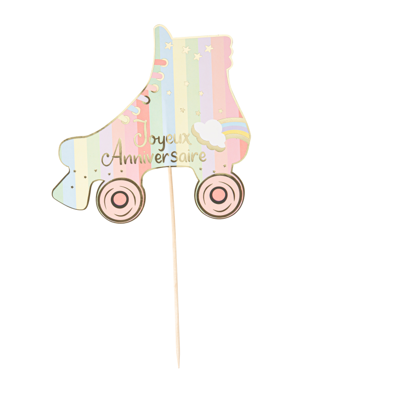 Cake topper "joyeux anniv." roller mahault pastel et or 15,5 x 25 cm recto / verso