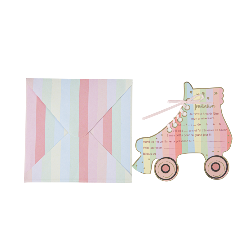 8 invitations mahault pastel et or 14 x 14,5 cm et ruban satin rose + 8 enveloppes pastel