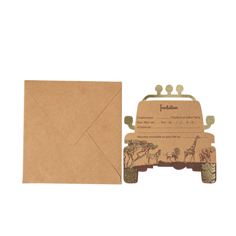 8 invitations safari kraft moka et or 13 x 14 cm + 8 enveloppes kraft
